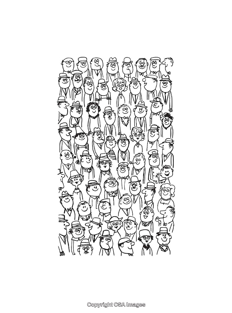 Black and White Line Art Illustration of a Crowd with Many Unique Faces