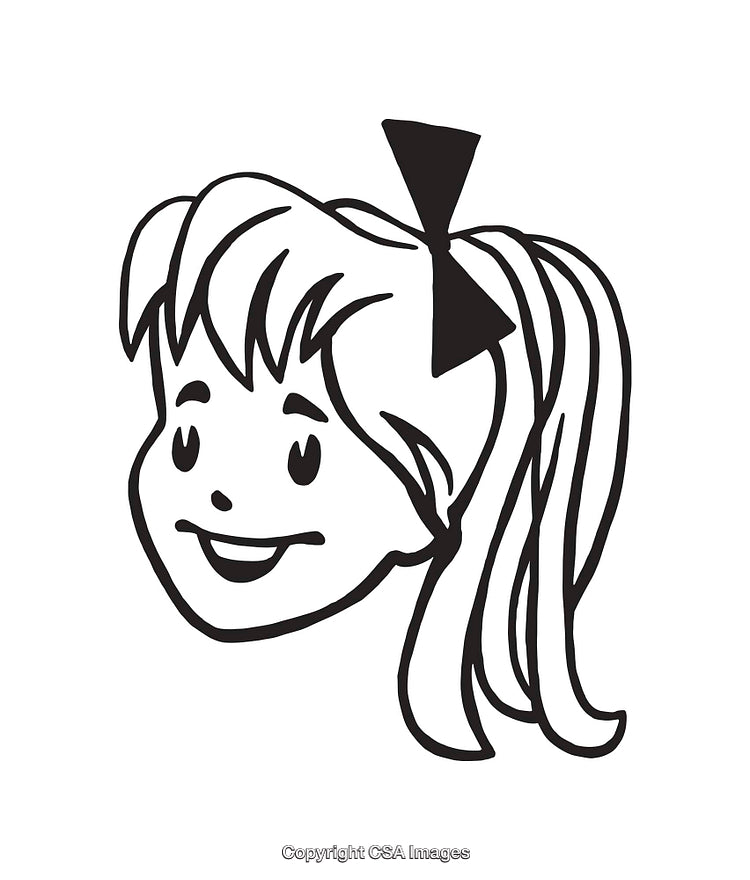 Black And White Line Art Illustration of a Smiling Girl With Hair Bow