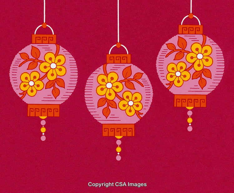 Colorful Floral Paper Lanterns Against a Bold Maroon Background