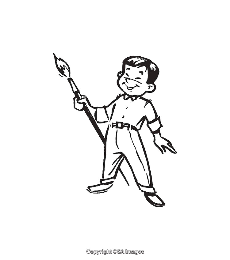Black and White Line Art of a Smiling Boy Holding a Brush
