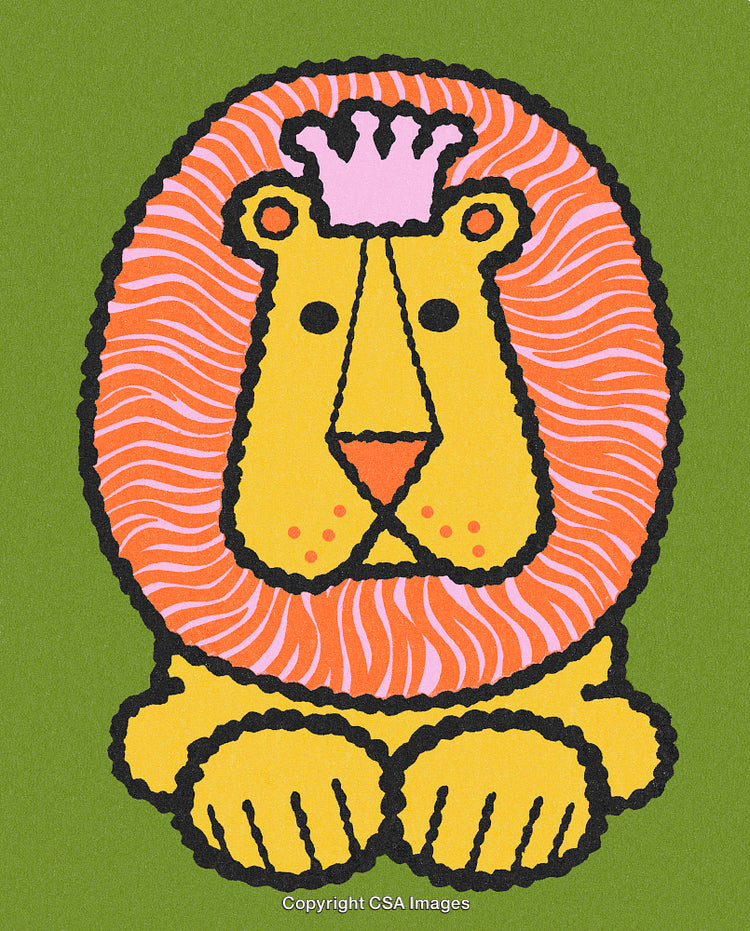 Colorful Illustration of a Stylized Lion With a Crown on Green Background
