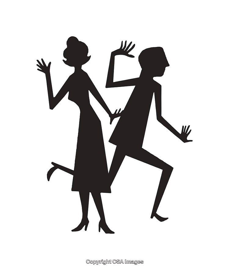 Silhouette of Dancing Figures in a Joyful Pose Depicted in Black and White