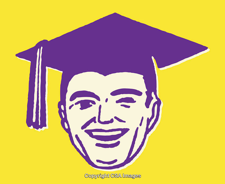 Purple Graduation Cap And Smiling Face on Bright Yellow Background