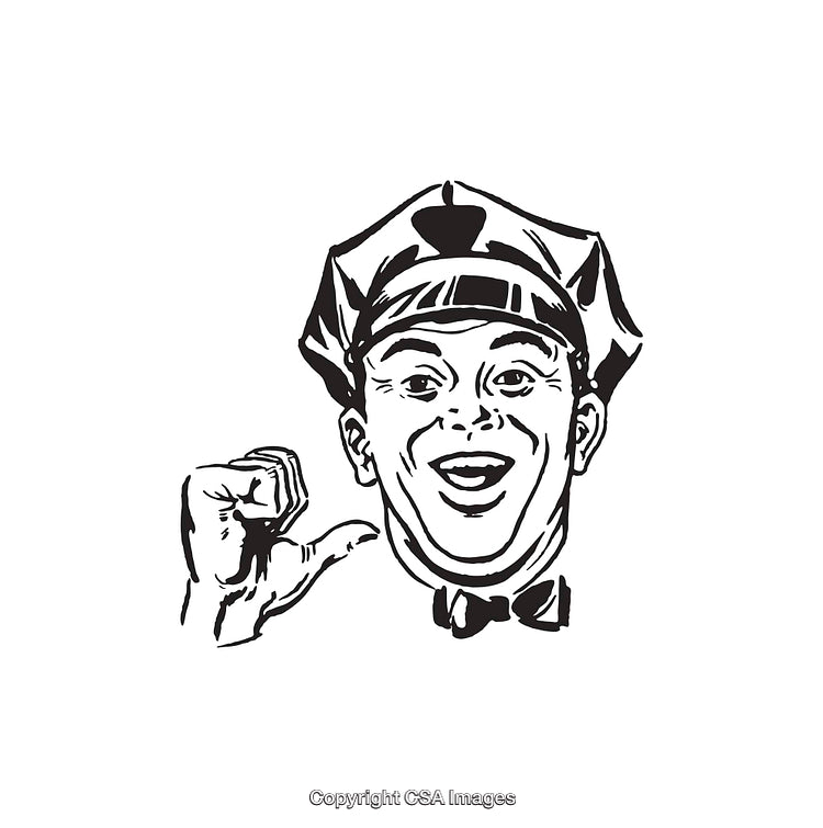Black and White Illustration of a Smiling Uniformed Character