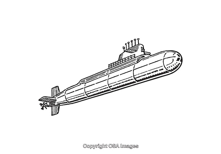 Black and White Line Art Illustration of a Submarine Design