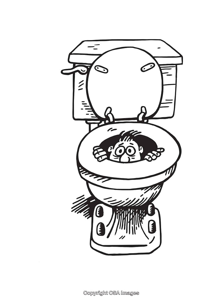 Humorous Black and White Line Art of a Character Inside a Toilet