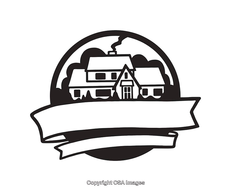 Black and White Line Art of a House with Blank Banner