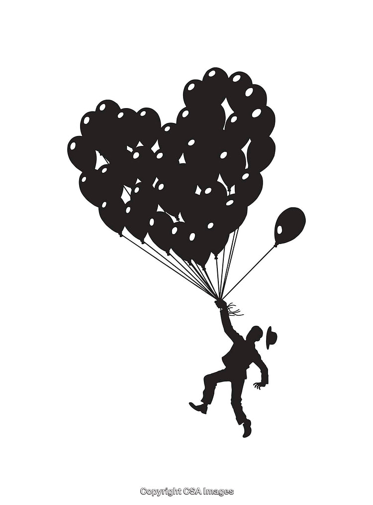 Silhouette Art of a Man Floating With Heart-Shaped Balloons in the Sky
