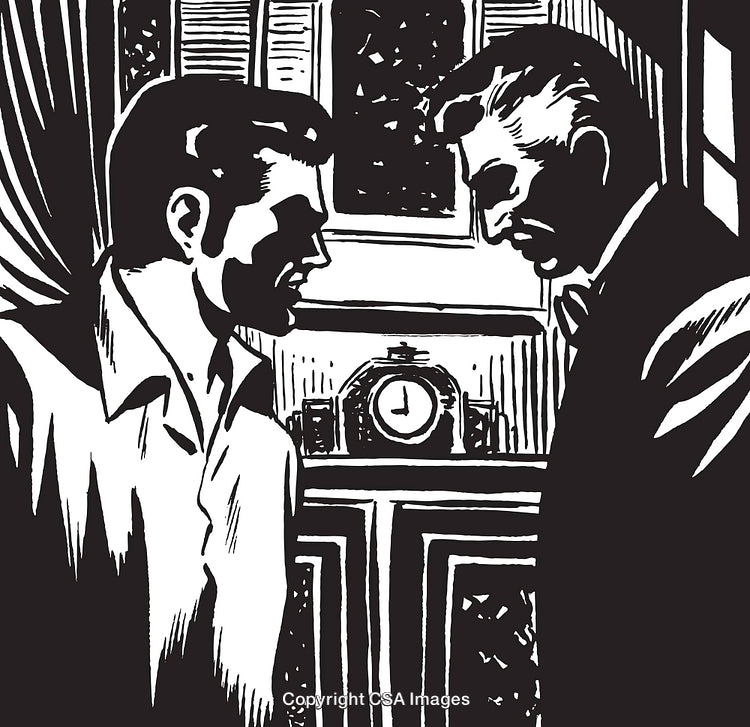 Dramatic Black and White Illustration of Men in Intense Discussion