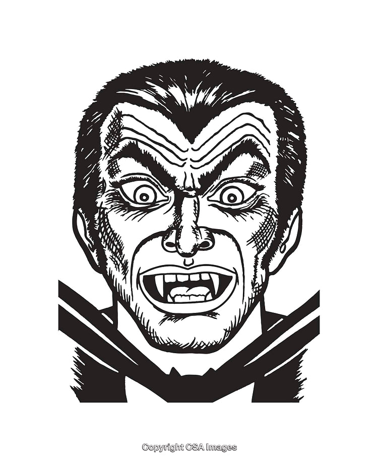 Black and White Line Art Illustration of a Vampire Face with Fangs
