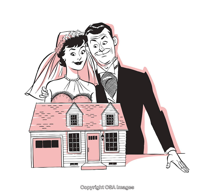 Retro Illustration of a Newlywed Couple Displaying Their First Home