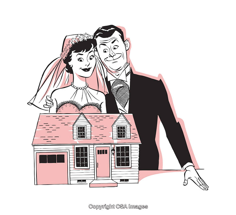 Retro Illustration of a Newlywed Couple Displaying Their First Home