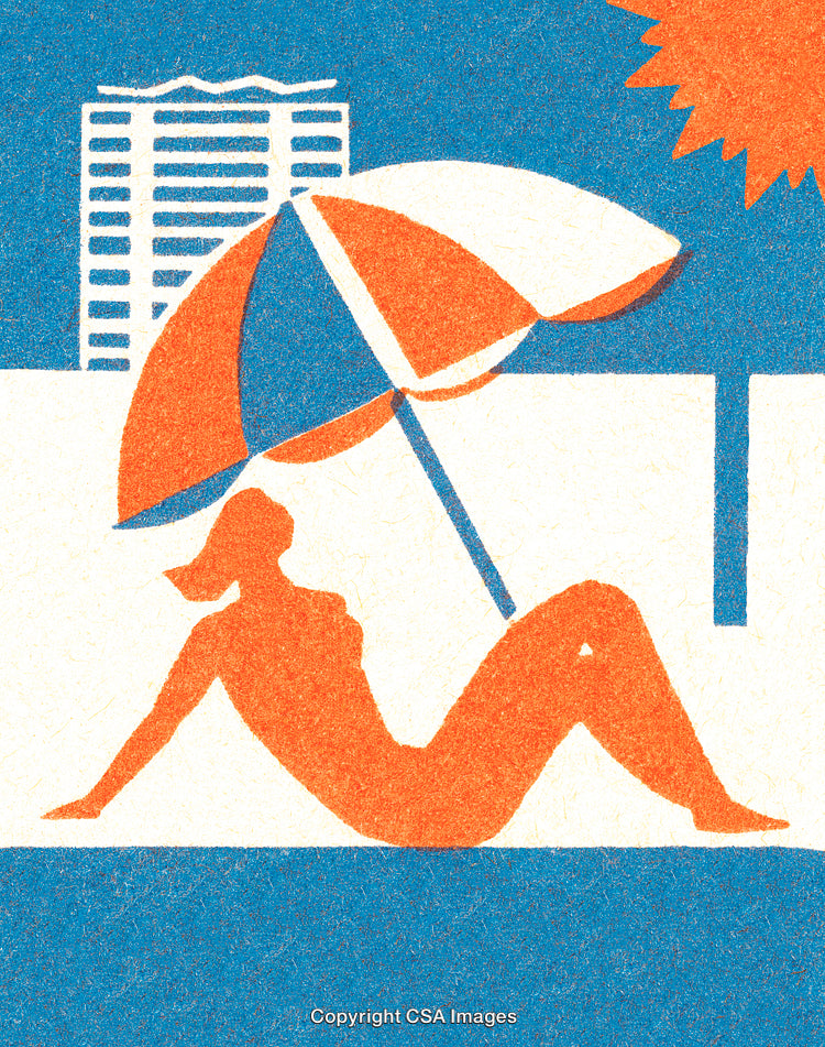 Artistic Illustration of a Woman Relaxing Under an Umbrella by the Beach