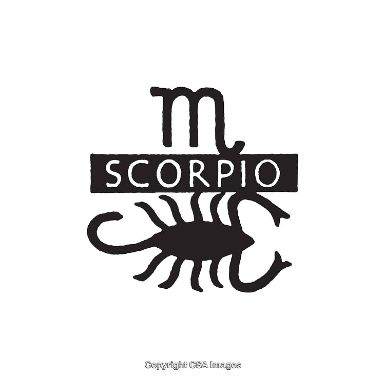 Black and White Illustration of a Scorpio Zodiac Symbol with Scorpion Design