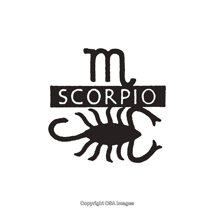Black and White Illustration of a Scorpio Zodiac Symbol with Scorpion Design