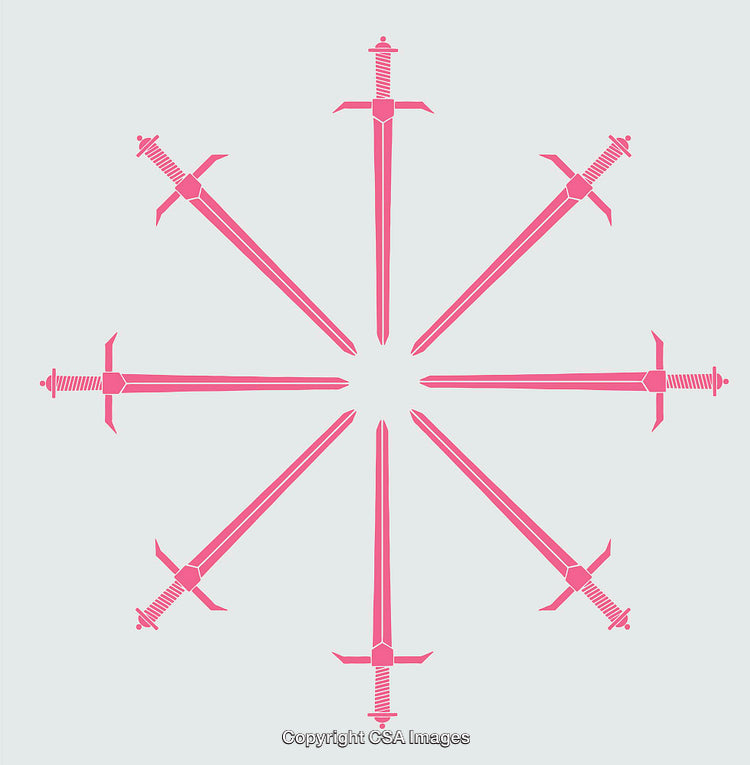 Pink Line Art Swords Arranged in Radiating Circular Pattern on Light Background