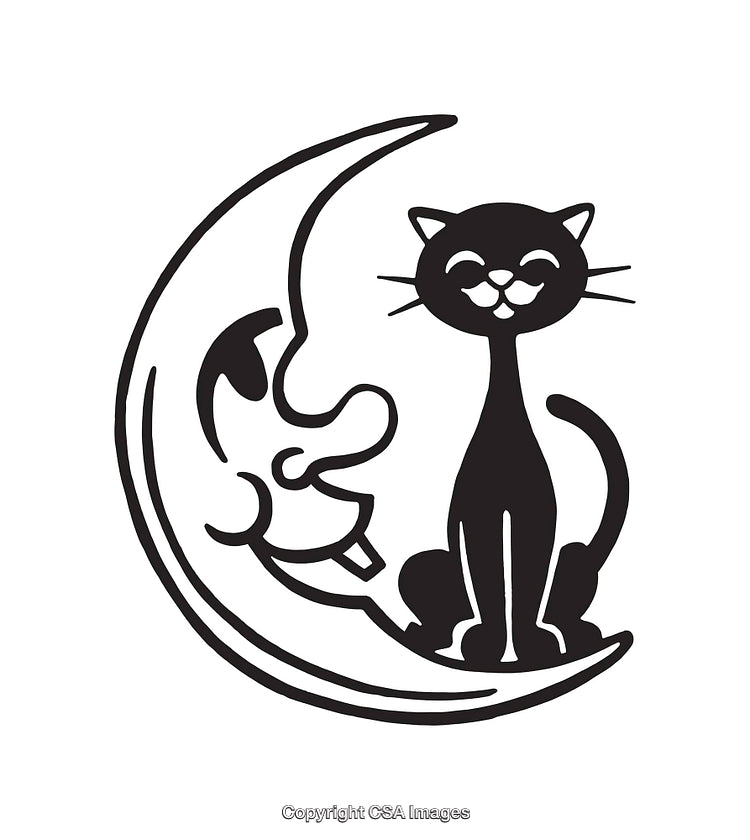 Black and White Line Art of a Cat on a Crescent Moon