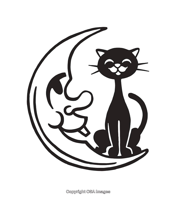 Black and White Line Art of a Cat on a Crescent Moon