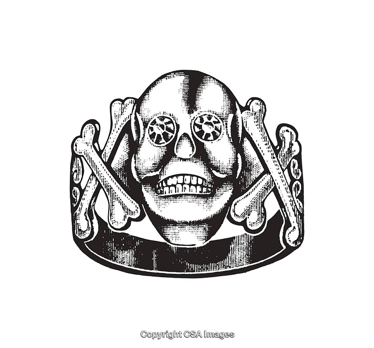 Black and White Illustration of a Skull Ring with Crossbones Motif