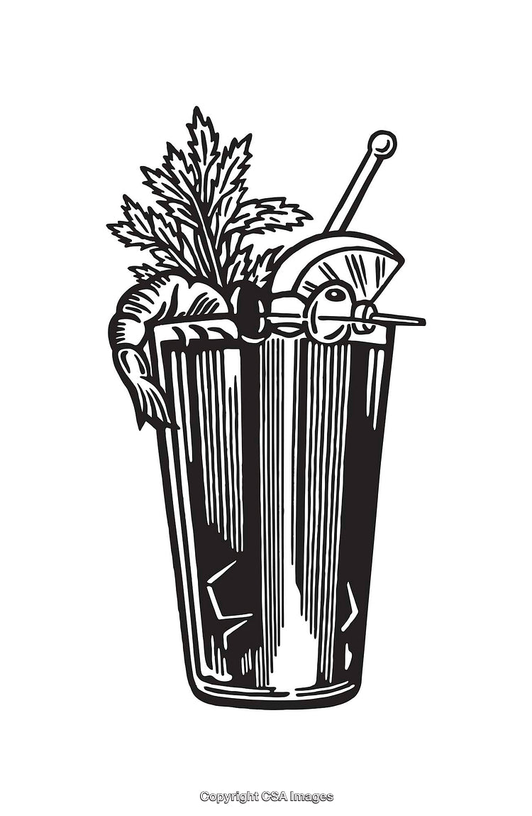 Black And White Line Art Illustration of a Cocktail With Garnishes