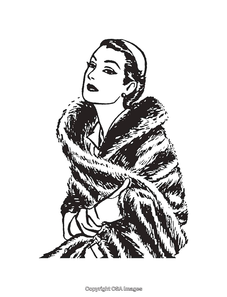 Elegant Black and White Illustration of a Stylish Woman in Fur Coat