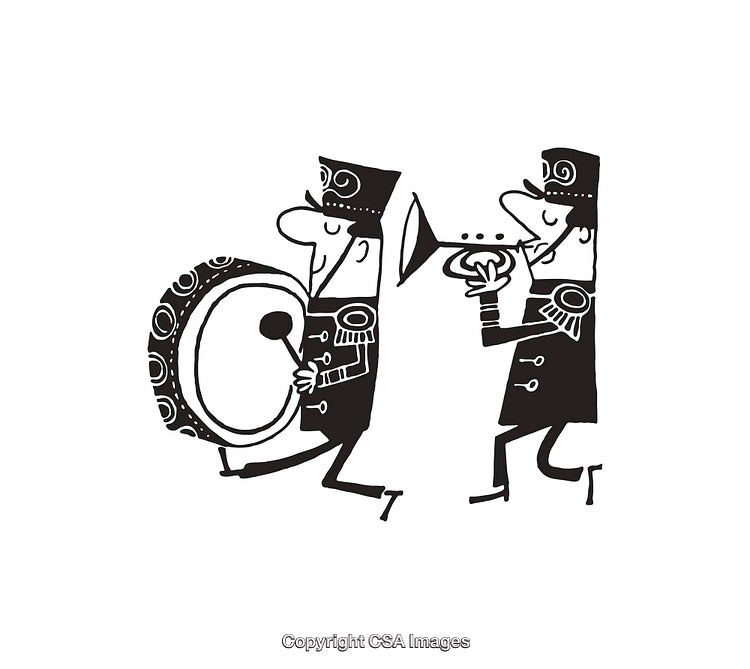 Black and White Line Art of Marching Band Musicians Playing Instruments