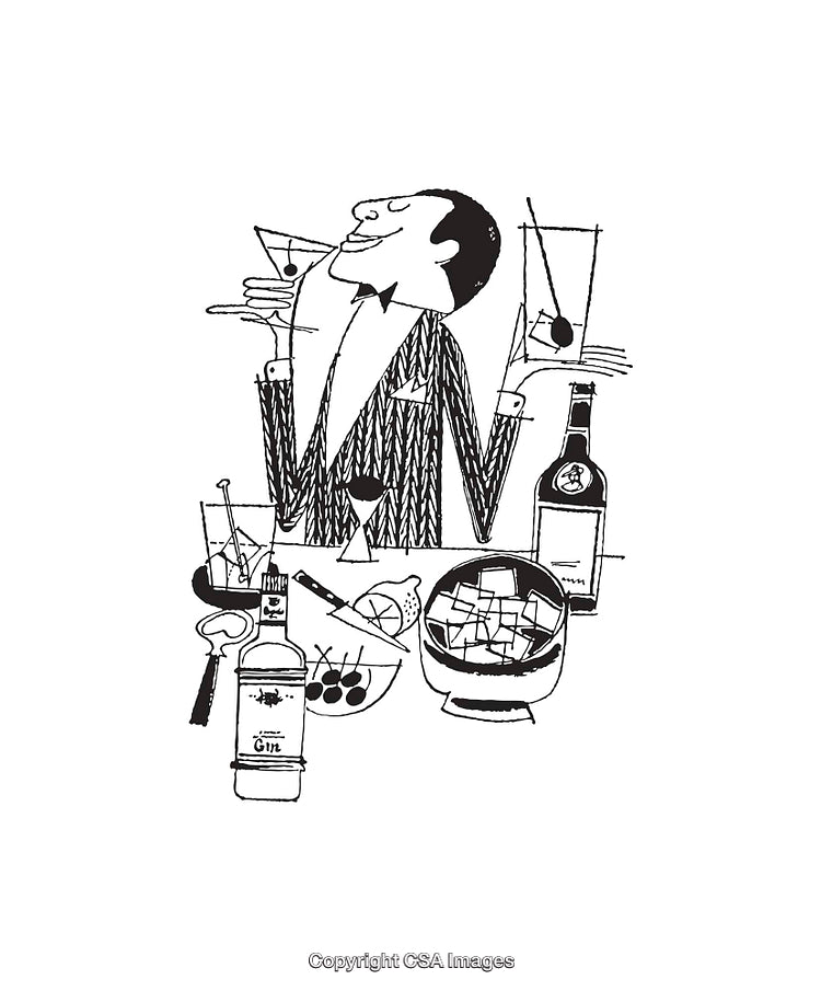 Black and White Line Art of Gentleman with Cocktails and Bar Tools