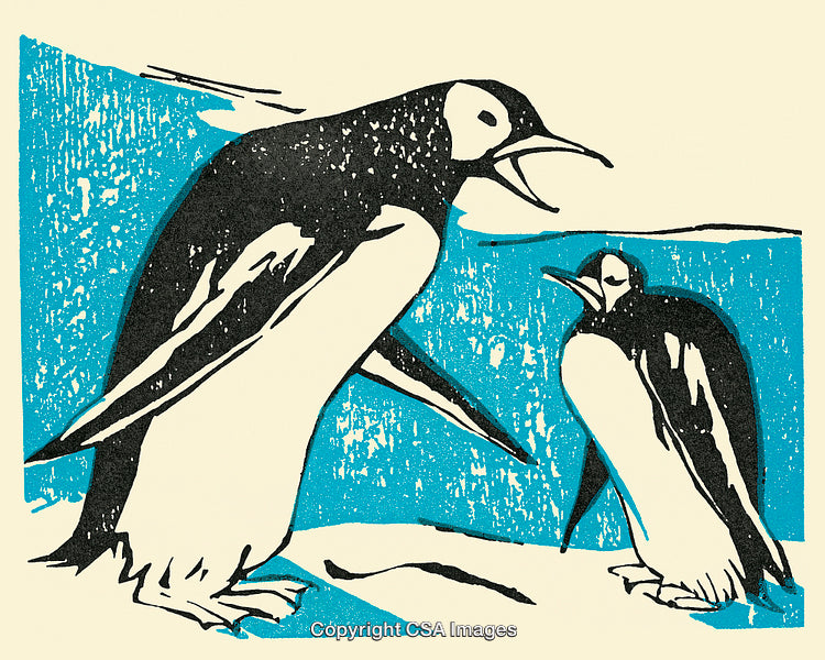Two Penguins in an Artistic Block Print Style Illustration