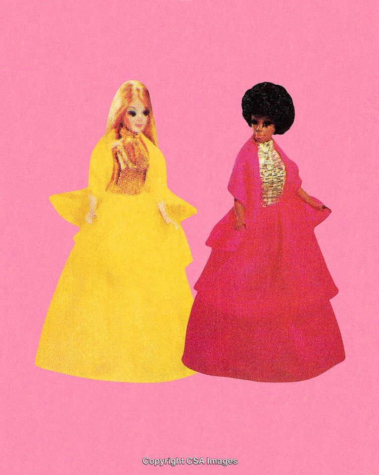 Stylized Artwork of Colorful Dolls on Vibrant Pink Background