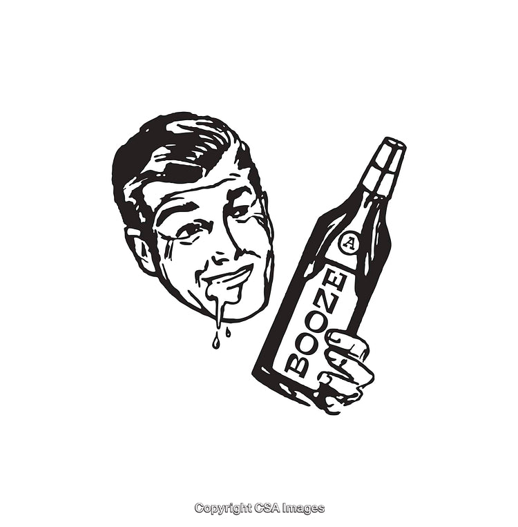 Vintage Black and White Illustration of a Man Holding a Booze Bottle