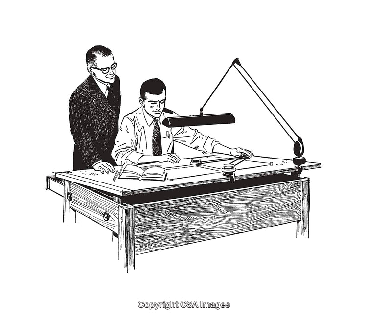Vintage Illustration of Two Professionals at a Drafting Desk