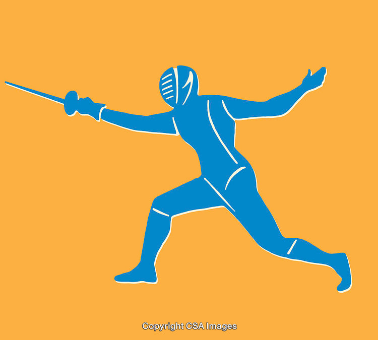 Blue Line Art Fencer Silhouette on Orange Background in Dynamic Pose