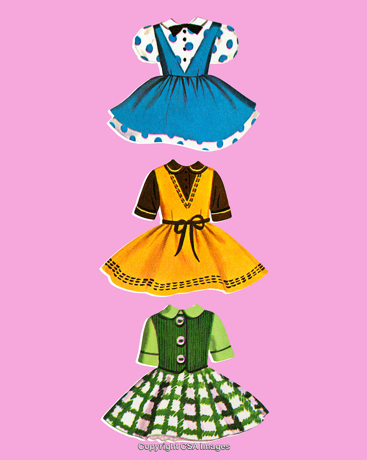 Vintage Illustrations of Colorful Dresses on a Pink Background