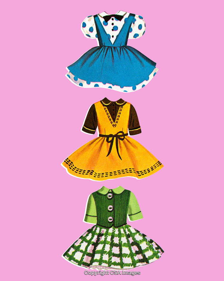 Vintage Illustrations of Colorful Dresses on a Pink Background
