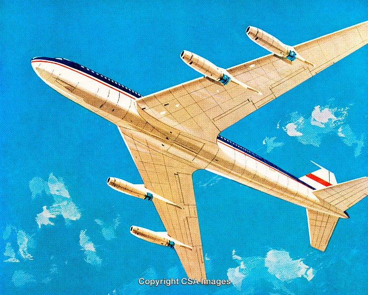Vintage Illustration of an Airplane Flying Against a Blue Sky with Clouds