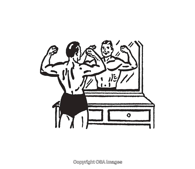 Muscular Man Admiring Reflection in Mirror in Black and White Line Art
