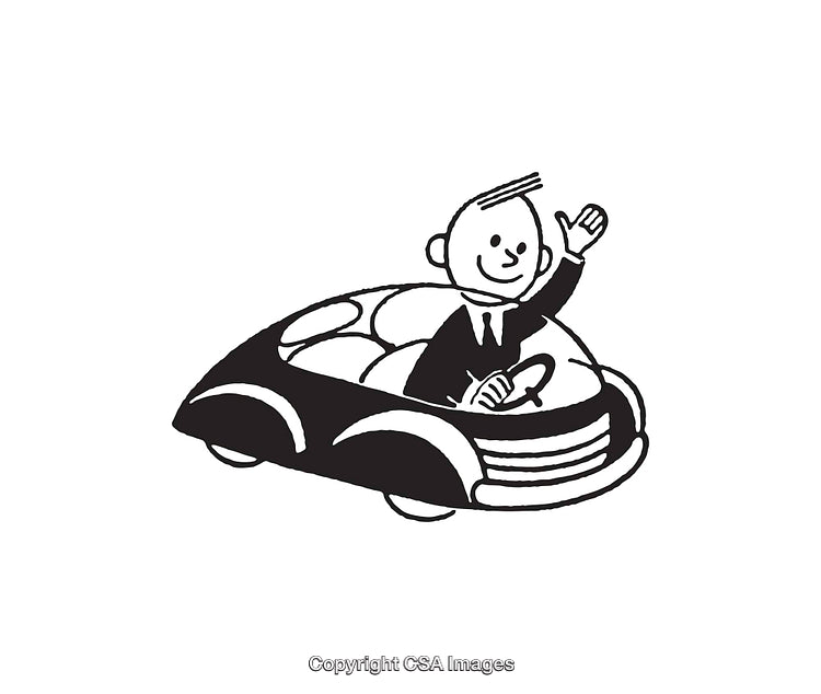 Cartoon Illustration of Happy Person Driving a Retro-Style Car