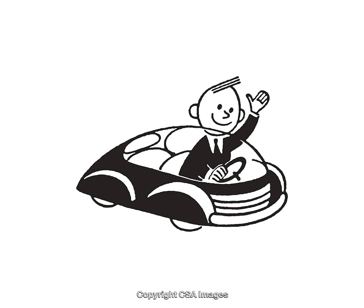 Cartoon Illustration of Happy Person Driving a Retro-Style Car