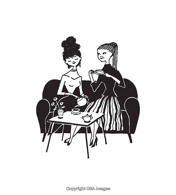 Black and White Line Art of Friends Drinking Tea Together
