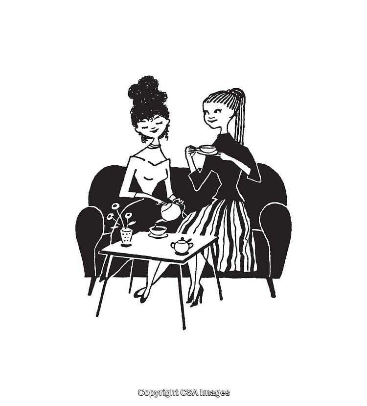 Black and White Line Art of Friends Drinking Tea Together