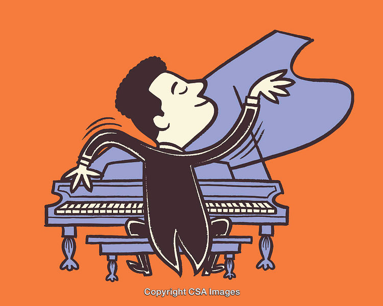 Elegant Cartoon Pianist in Motion Playing a Grand Piano