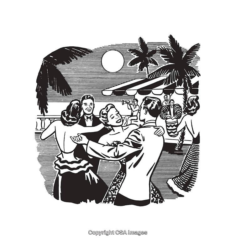 Elegant Black And White Illustration of People Dancing Under the Moonlight