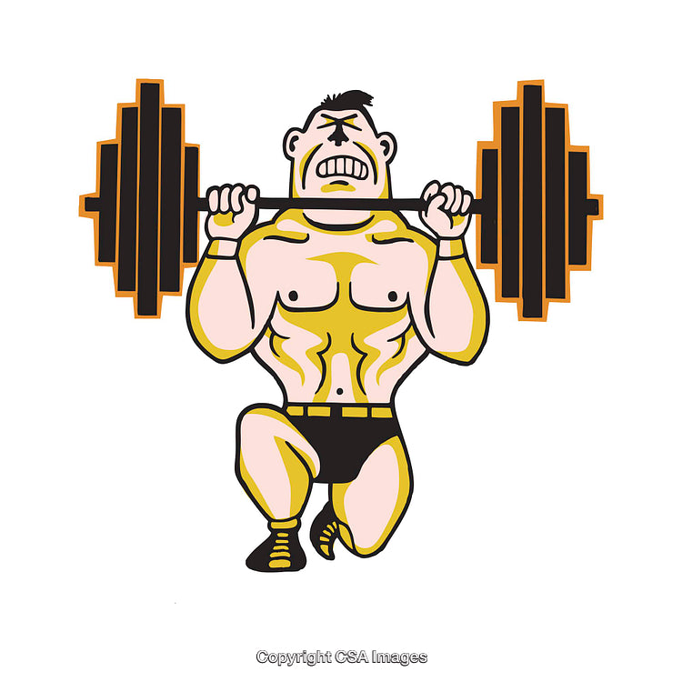 Cartoon Illustration of a Weightlifter Performing a Weighted Squat Exercise