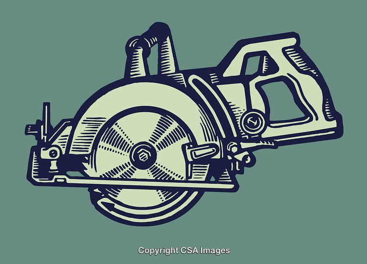 Stylized Line Art of a Circular Saw on a Solid Background