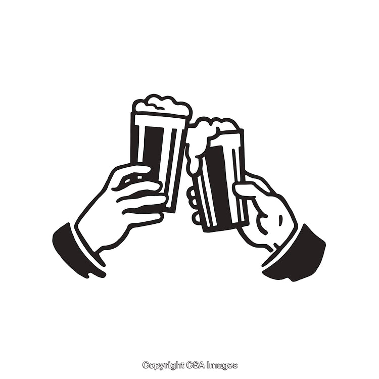 Illustration of Hands Clinking Beer Glasses in Black and White Line Art
