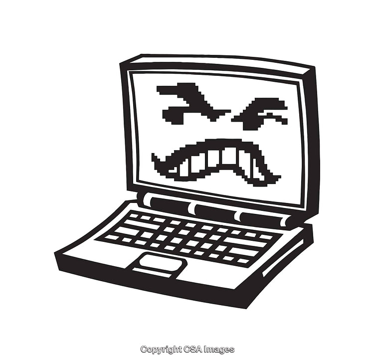 Black and White Line Art of an Angry Facial Expression on a Laptop