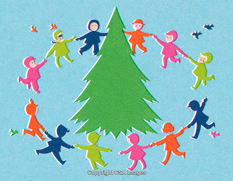 Children Holding Hands and Dancing Around a Festive Christmas Tree