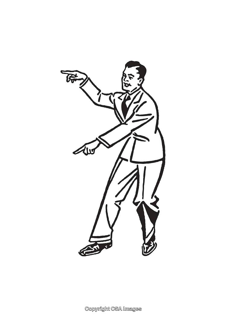 Vintage Black and White Illustration of a Man Pointing Forward and Downward