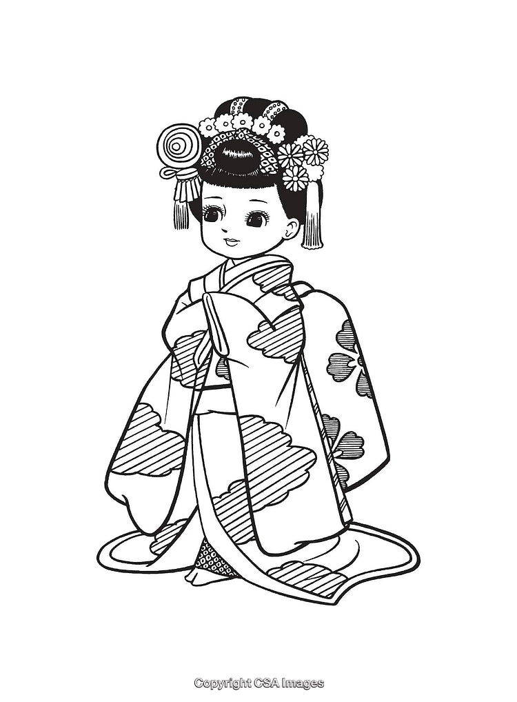 Traditional Girl Wearing Kimono in Black And White Line Art