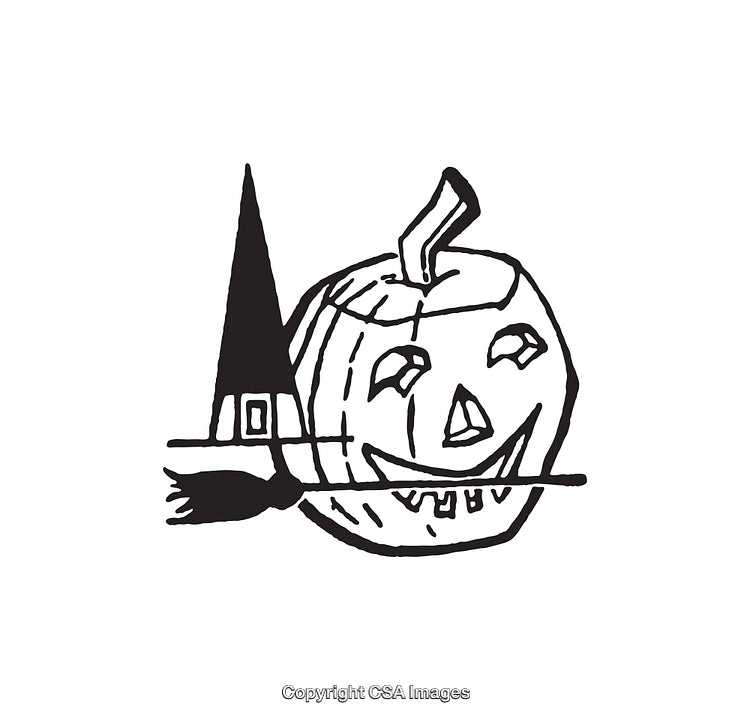 Black and White Illustration of a Halloween Pumpkin With Witch Hat